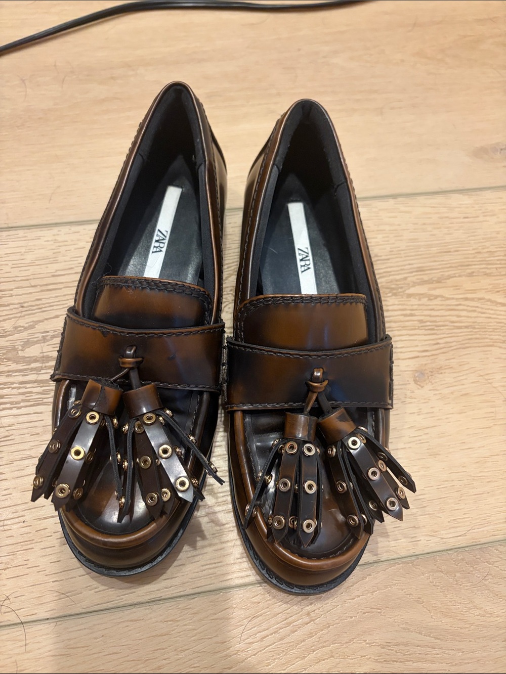 Zara Brown Leather Tassel Loafers for Women